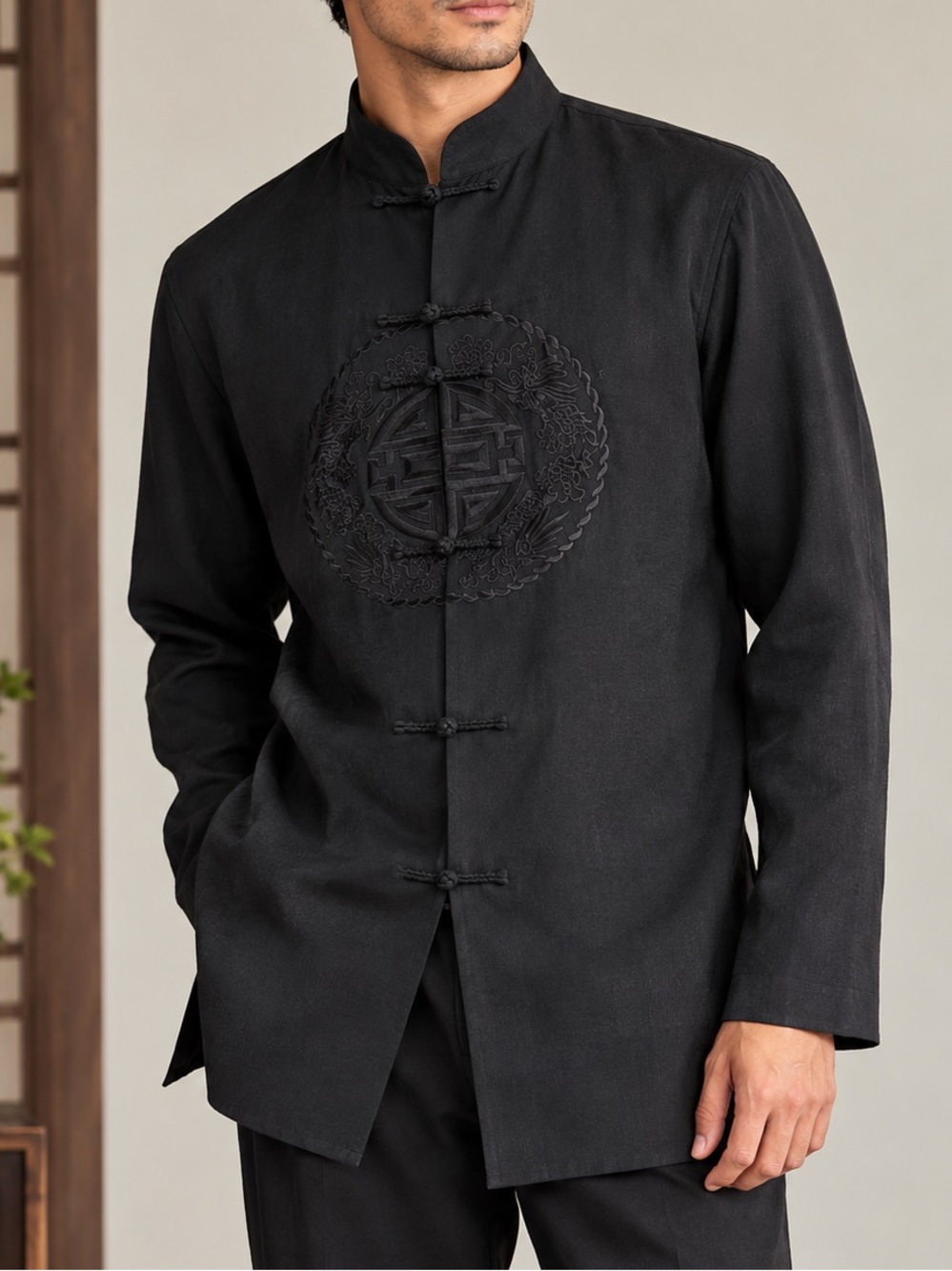 Vintage Asian-Inspired Tunic Jacket Mandarin Collar Frog Closures Embroidered L